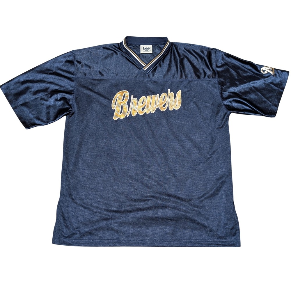 Lee Sport Jersey Mens 2XL Navy Milwaukee Brewers MLB Vintage Mesh V-Neck Shirt